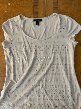White House Black Market White Short Sleeve Scoop Neck Embellished Top